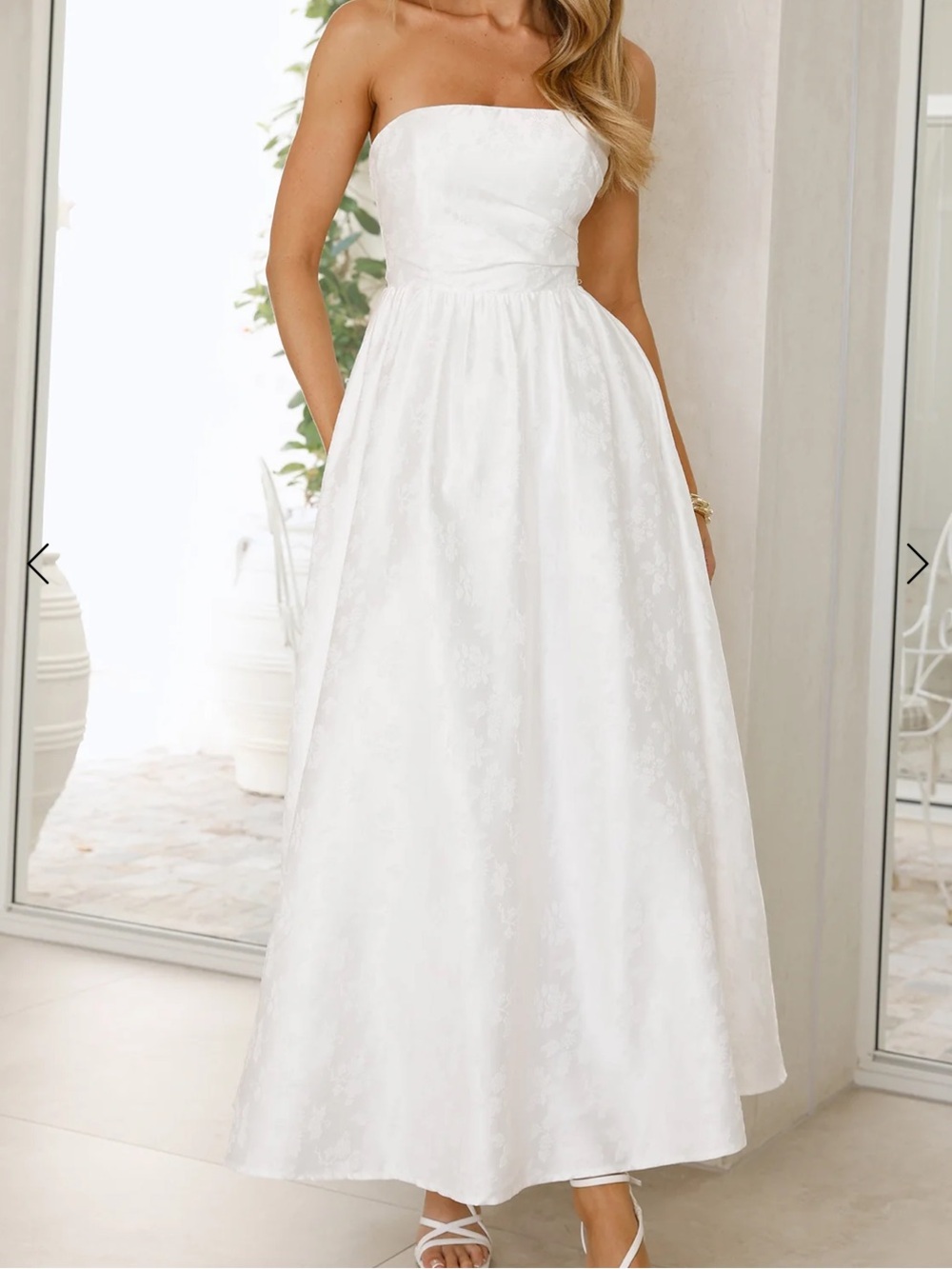 Strapless White Floral A-Line Maxi Dress